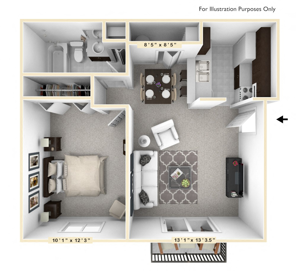 Floor plan for 1 bed, 1 bath, 546 sqft